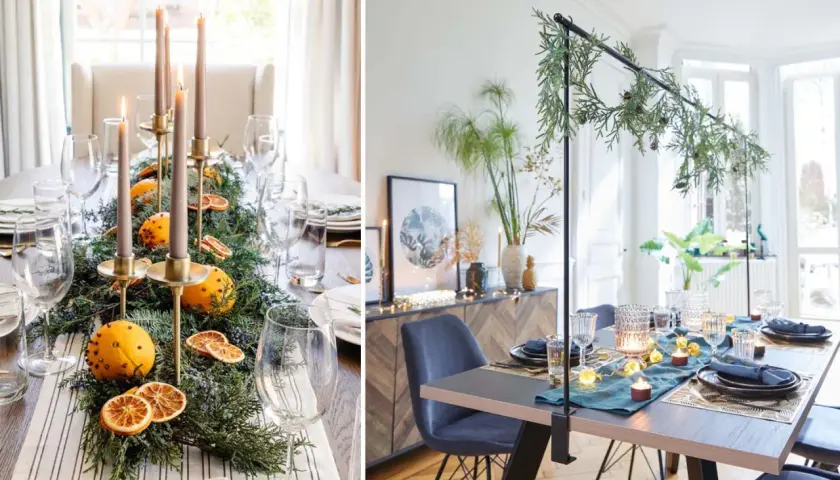 Ambiance festive : deux tables dressées avec des centres de table naturels, bougies et oranges, pour une tendance déco centre de table salle à manger chaleureuse.