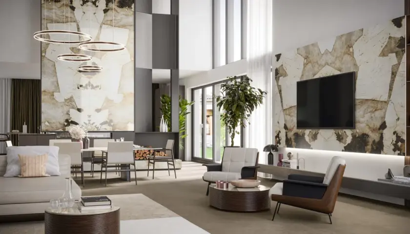 Un salon moderne avec une grande etagere sejour, un canapé, des fauteuils, une table basse et une télévision murale.