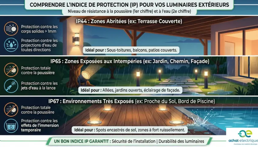 Guide des normes d'éclairage extérieur : IP44 pour zones abritées, IP65 pour intempéries, IP67 pour environnements très exposés.