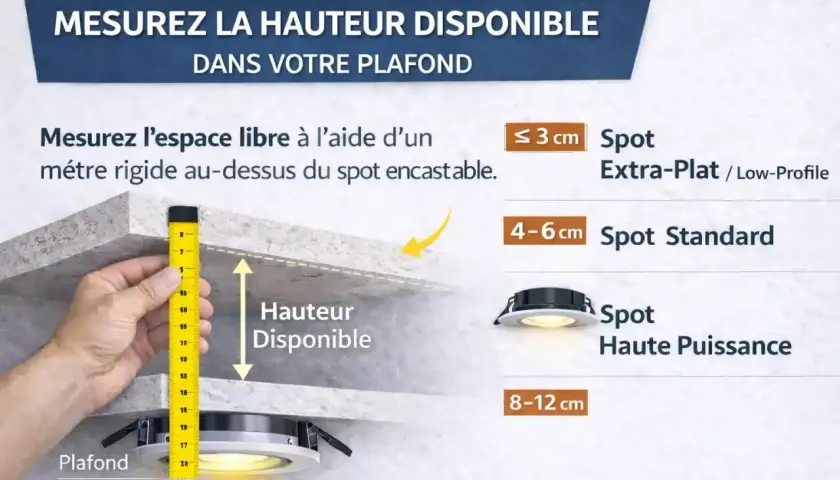 Mesure de la hauteur disponible pour choisir le bon diamètre spot encastrable. Guide pour spots extra-plats, standards et haute puissance.
