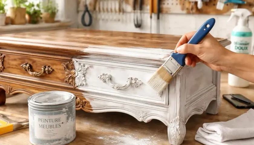 Application de peinture blanche sur un meuble ancien, laissant apparaître le bois brut par endroits. Le poncer et le laisser brut pour un style shabby chic.