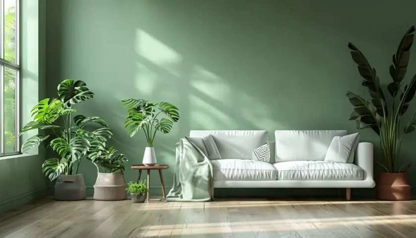 Un salon moderne aux murs peints sans solvant, avec un canapé blanc, des plantes luxuriantes et un sol en bois clair.