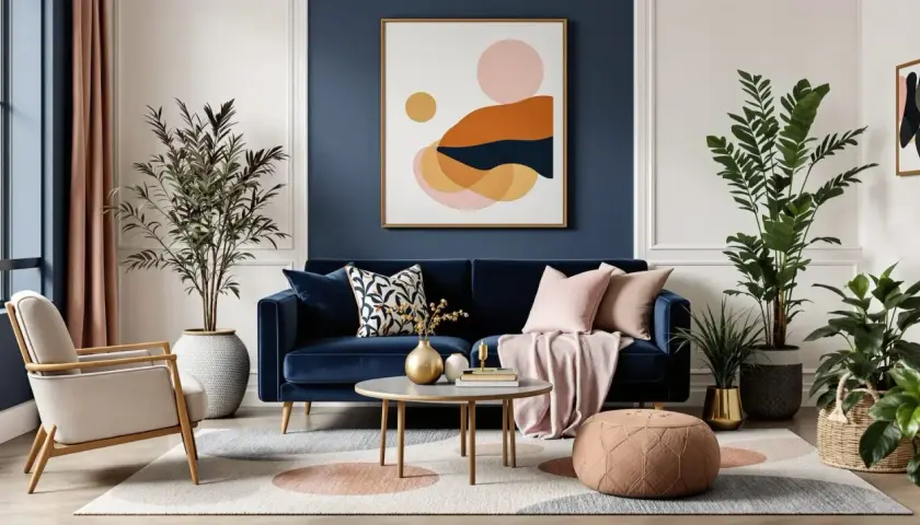 Salon moderne avec canapé velours bleu foncé, fauteuil beige, table basse ronde, plantes vertes et tableau abstrait.