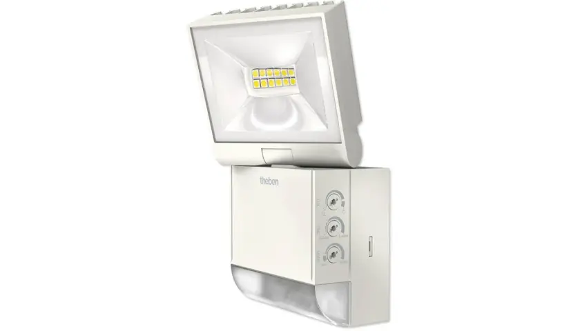Projecteur LED extérieur Theben avec interrupteur réglable pour la luminosité, la durée et le mode.