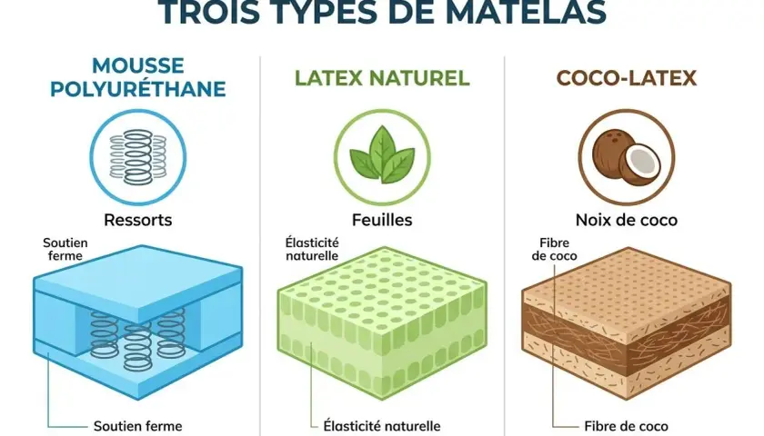 Illustration comparant trois types de matelas : mousse polyuréthane à ressorts, latex naturel à feuilles, et coco-latex à fibre de coco.