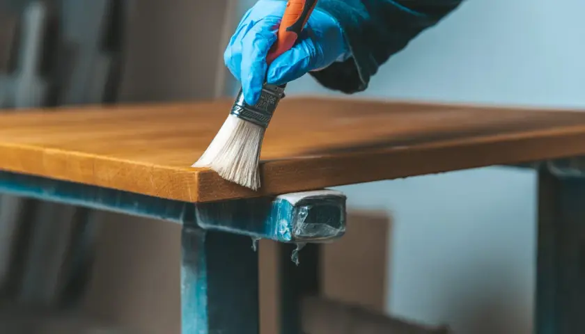 Main tenant, une main gantée applique un produit sur un plateau en bois vernis. Une étape pour comment éclaircir un bois foncé vernis.