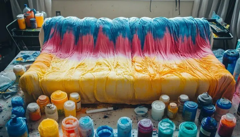 Un canapé en tissu non déhoussable est teinté en dégradé de jaune, rose et bleu. Des pots de peinture sont disposés autour.