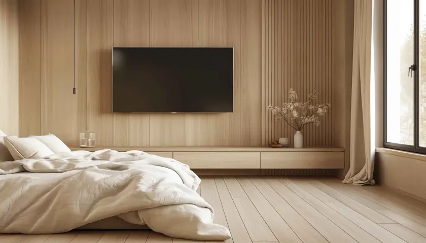 Lit douillet dans une chambre aux murs en bois. La hauteur idéale de la TV dans la chambre est respectée, juste au-dessus d'un meuble bas.