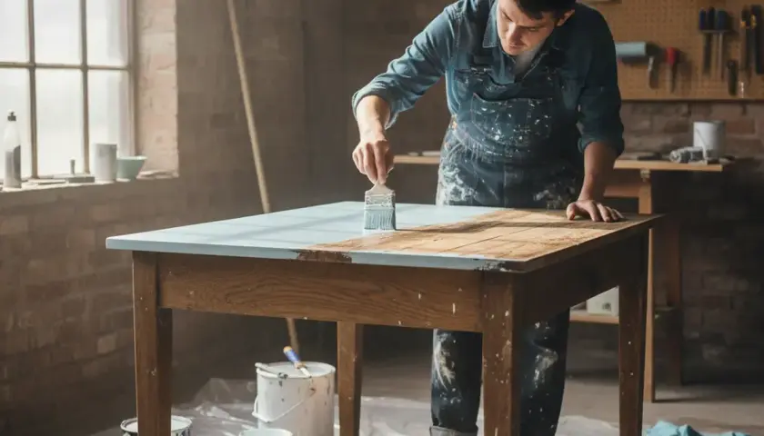 Un homme en salopette repeint une table en bois avec une touche de bleu clair. Des pots de peinture sont disposés autour.