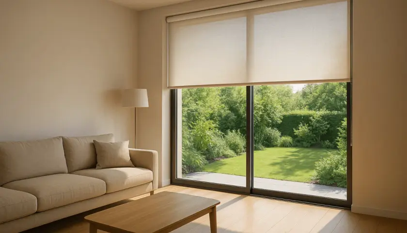 Comment habiller une baie vitrée : des stores enrouleurs discrets filtrent la lumière du soleil sur un jardin verdoyant.