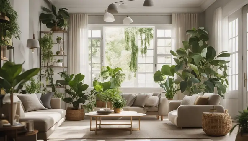 Un salon baigné de lumière naturelle, avec de nombreuses plantes vertes créant une ambiance zen et un feng shui harmonieux.