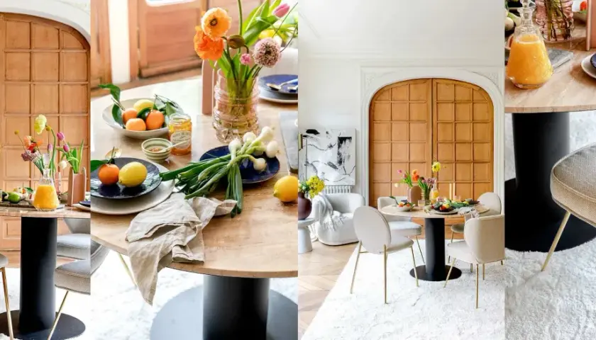 Comment assortir des chaises à une table : des chaises élégantes en tissu beige avec des pieds dorés s'harmonisent parfaitement avec une table ronde en marbre clair.