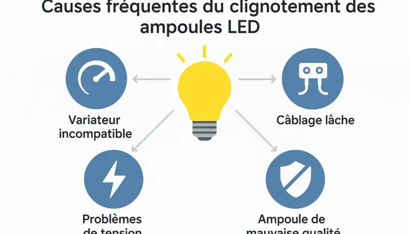 Causes de clignotement des ampoules LED : variateur incompatible, câblage lâche, problèmes de tension, ampoule de mauvaise qualité. Pour réparer lampe LED qui clignote, vérifiez ces points.