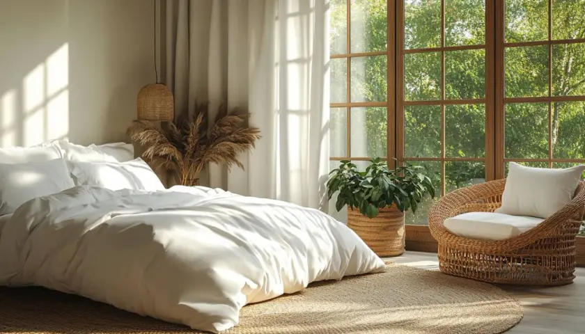 Chambre scandinave déco cocooning. Un lit blanc immaculé, un fauteuil en rotin, une plante verte et des herbes de pampa sous une grande fenêtre lumineuse.