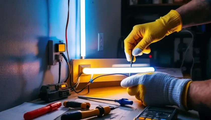 Mains électriques pour un branchement néon LED. Des mains gantées travaillent sur un circuit, outils et multimètre à proximité.