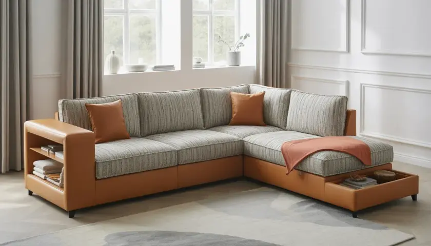 Canapé d'angle moderne en tissu gris et cuir cognac, avec rangements intégrés. Idéal pour optimiser l'espace et le confort.
