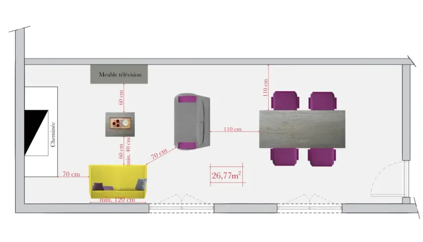 Plan d'une pièce avec canapé jaune, table de télévision, et table à manger. La distance entre table et mur est de 110 cm.
