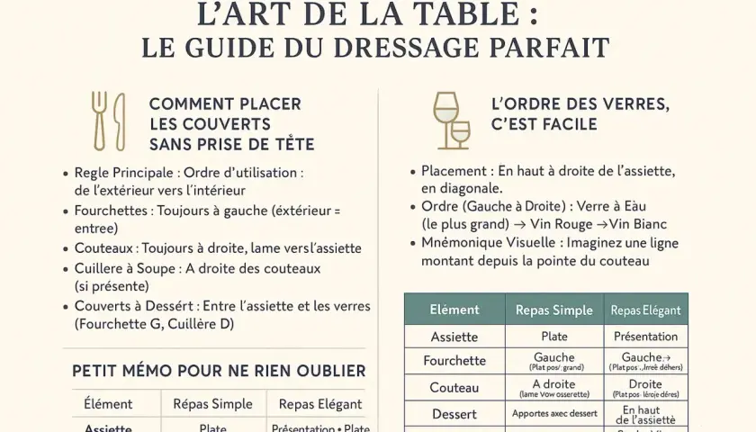 Guide pour la mise en place des couverts et verres sur une table. Conseils pour un dressage parfait.