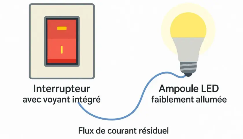Interrupteur avec voyant intégré et ampoule LED faiblement allumée, expliquant le flux de courant résiduel qui peut faire clignoter un plafonnier LED.