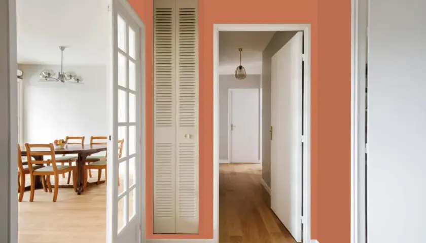Couleur tendance 2026 : un couloir chaleureux avec des portes ouvertes sur une salle à manger et un passage.