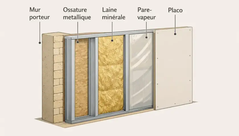 Coupe d'un mur montrant l'isolation intérieure d'un appartement : mur porteur, ossature métallique, laine minérale, pare-vapeur et placoplâtre.