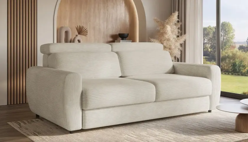 Canapé beige côtelé, ambiance cosy. Parfait pour se détendre et se demander "que veut dire bz" en admirant la vue.