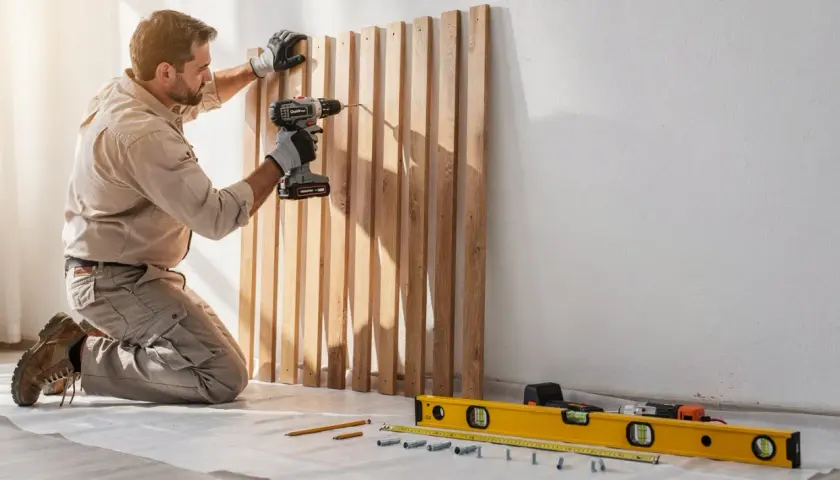Un homme fixe des tasseaux en bois au mur avec une perceuse, une méthode astucieuse pour fixer des tasseaux au mur sans percer.