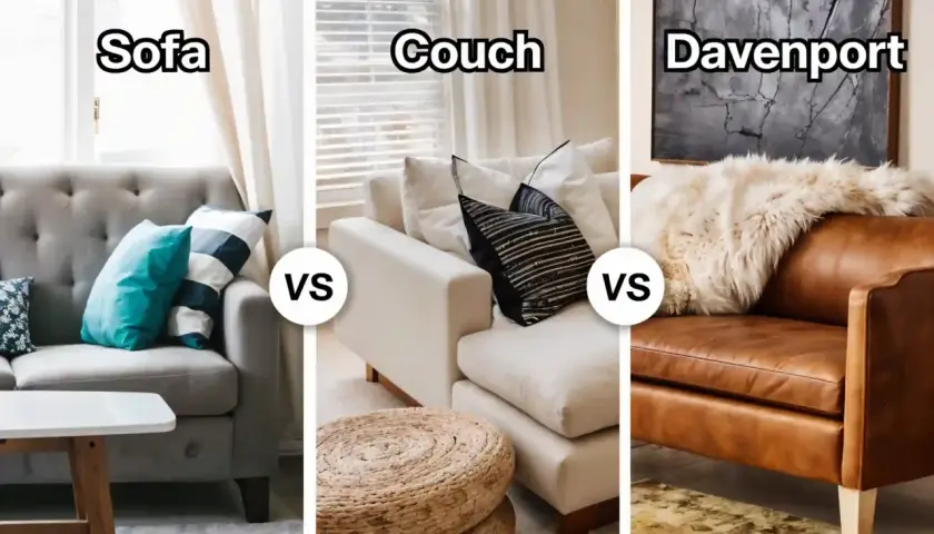 Trois meubles : un divan gris, un canapé blanc et un fauteuil en cuir marron. Quelle est la différence entre divan et canapé ?