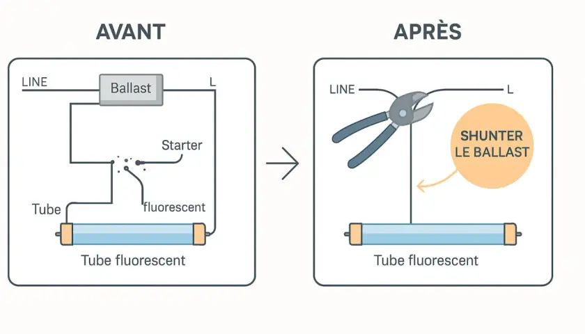 Schéma avant/après pour remplacer un néon par une LED : on coupe le ballast.