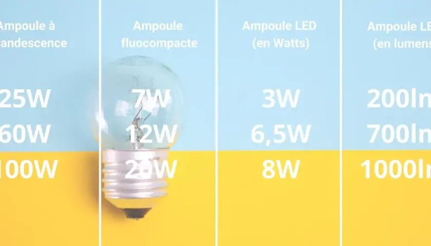 Comparaison d'ampoules : incandescence, fluocompacte et LED. La puissance LED en watt est bien inférieure pour un éclairage équivalent.