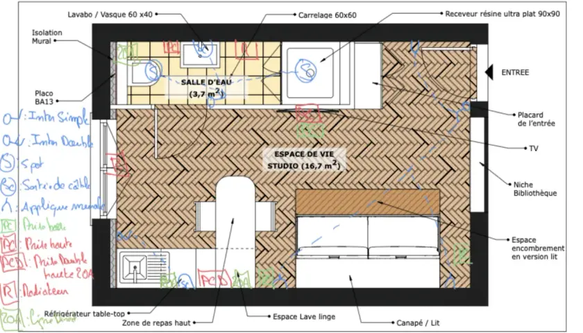 Plan d'un studio avec salle d'eau, cuisine et espace de vie. Idéal pour refaire électricité maison, avec symboles pour prises et interrupteurs.