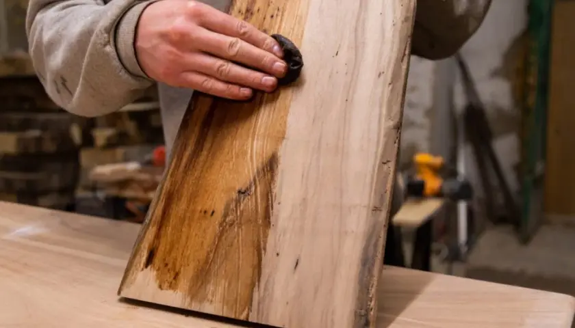 Application d'une solution pour le vieillir du bois, peut-être du bicarbonate de soude, sur une planche. La moitié gauche est foncée, l'autre est claire.