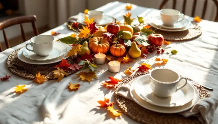 Décoration table automne facile : citrouilles, poires, pommes et feuilles d'automne créent une ambiance chaleureuse. Bougies allumées pour un dîner convivial.
