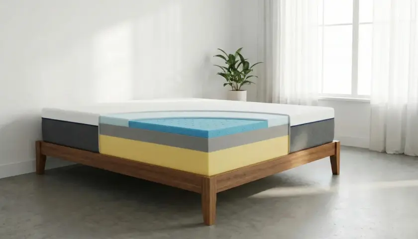 Coupe d'un matelas multicouche sur un sommier en bois. Ce matelas qui ne s'affaisse pas offre un soutien optimal pour un sommeil réparateur.