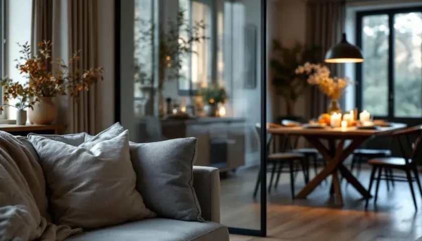 Un confortable ensemble salon salle à manger, avec un canapé douillet et une table dressée pour un dîner aux chandelles.
