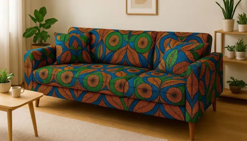 Canapé aux motifs africains colorés. Ce tissu audacieux, quel est le meilleur tissu pour canapé, apporte une touche vibrante à votre salon.