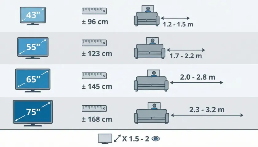 Guide pour la hauteur idéale d'une tv murale : tailles d'écrans (43" à 75") et distances de visionnage recommandées.