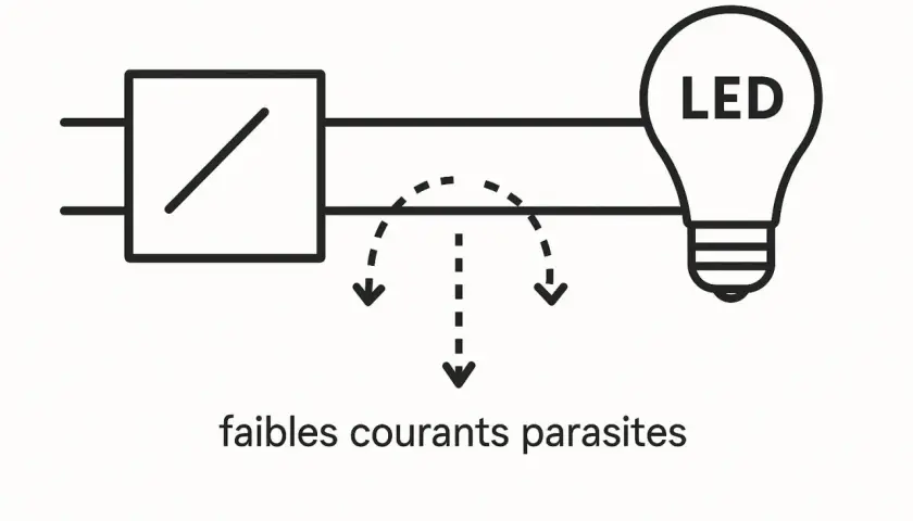 Schéma montrant un circuit avec une ampoule LED. Des flèches indiquent de faibles courants parasites, même hors tension, une solution est nécessaire.