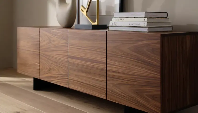 Un meuble en bois aux veines marquées, prêt à être retapé. Une touche de modernité avec des pieds noirs discrets.