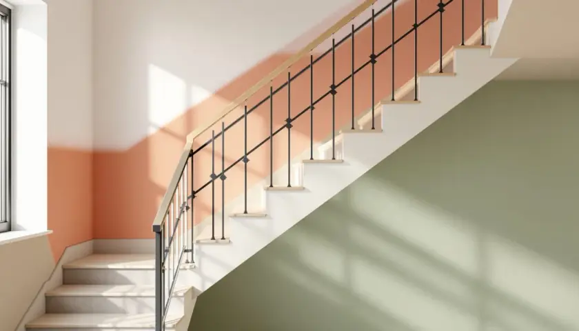 Escalier moderne avec rampe en bois et barreaux noirs. Les murs sont peints en deux tons : pêche et vert sauge, une couleur escalier tendance.