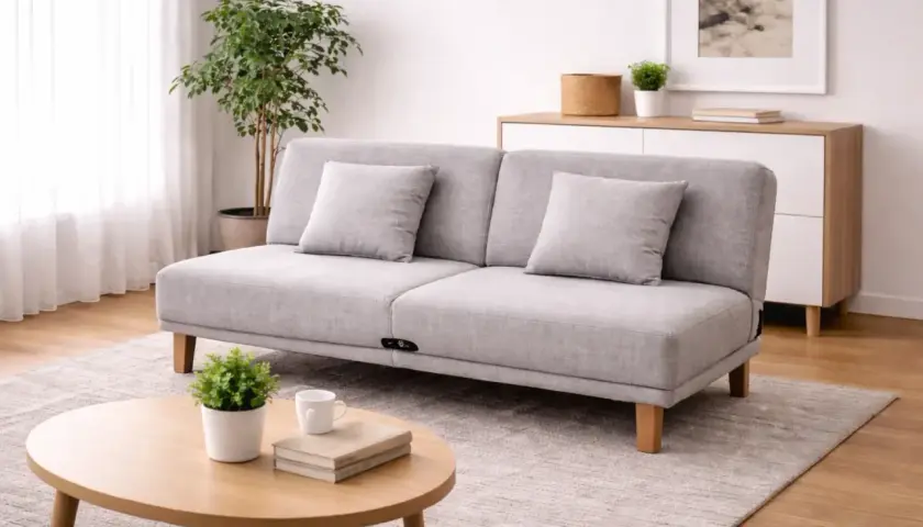 Canapé convertible gris, prêt à basculer en lit d'appoint. Un clic clac qui bascule pour plus de confort.