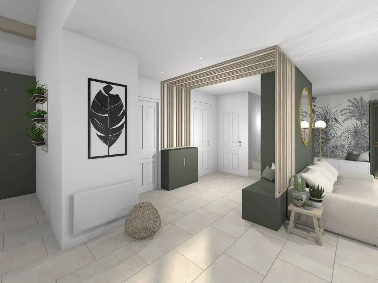 Aménagement entrée ouverte avec banc, meuble vert, et décoration murale végétale.