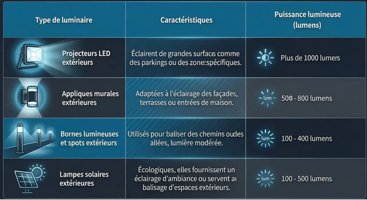Tableau comparatif des types de luminaires extérieurs et leur puissance, utile pour la réglementation éclairage. Projecteurs, appliques, bornes et lampes solaires sont détaillés.