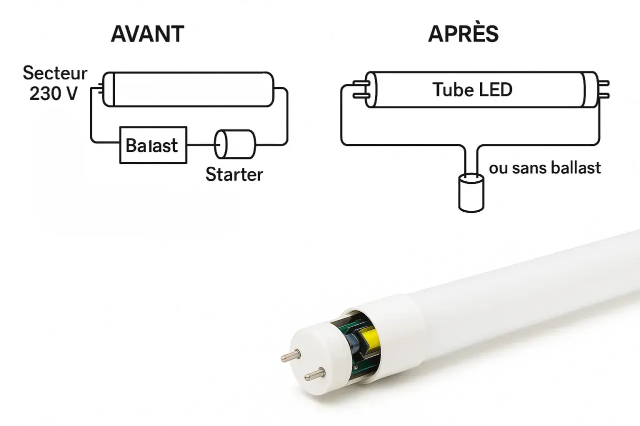 Schéma comparant un ancien système d'éclairage avec ballast et starter à un tube LED moderne, fonctionnant sans ballast.