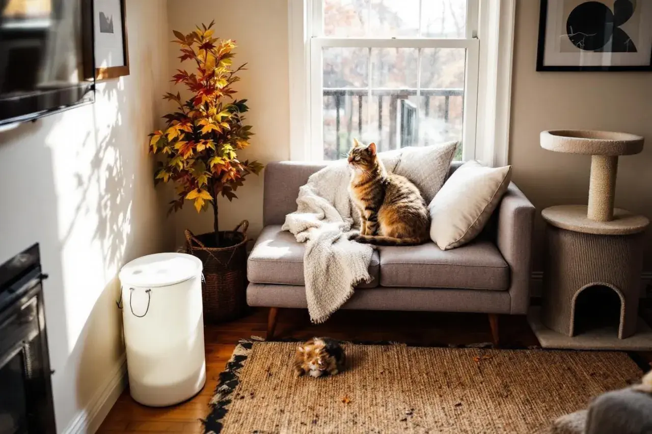 Quel canapé quand on a un chat ! Un grand félin brun trône sur le canapé gris, tandis qu'un autre se repose sur le tapis. Un arbre à chat et une plante d'intérieur complètent ce décor cosy.