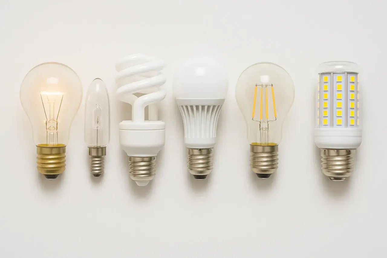 Six ampoules de différents types, dont une incandescente allumée. Peut-on mettre une ampoule 60W au lieu de 40W ?