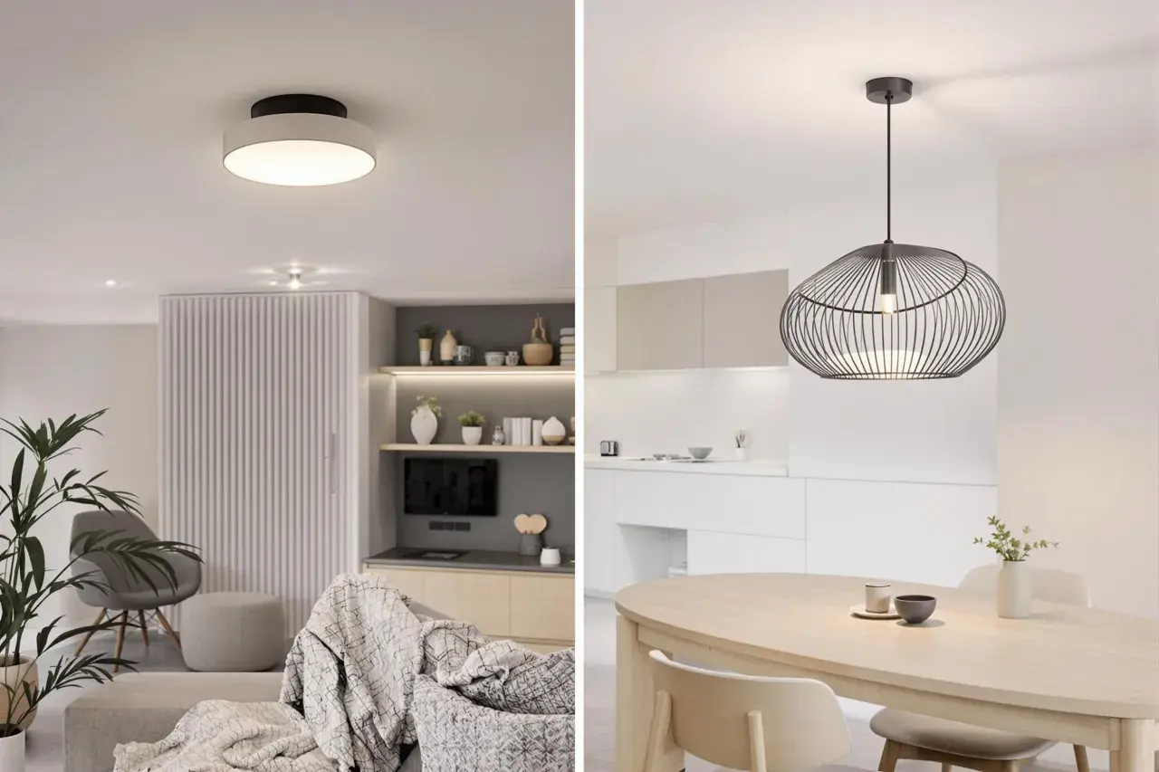 Un salon moderne avec un luminaire classe 2 sans terre au plafond et une cuisine épurée avec une suspension design au-dessus d'une table en bois.