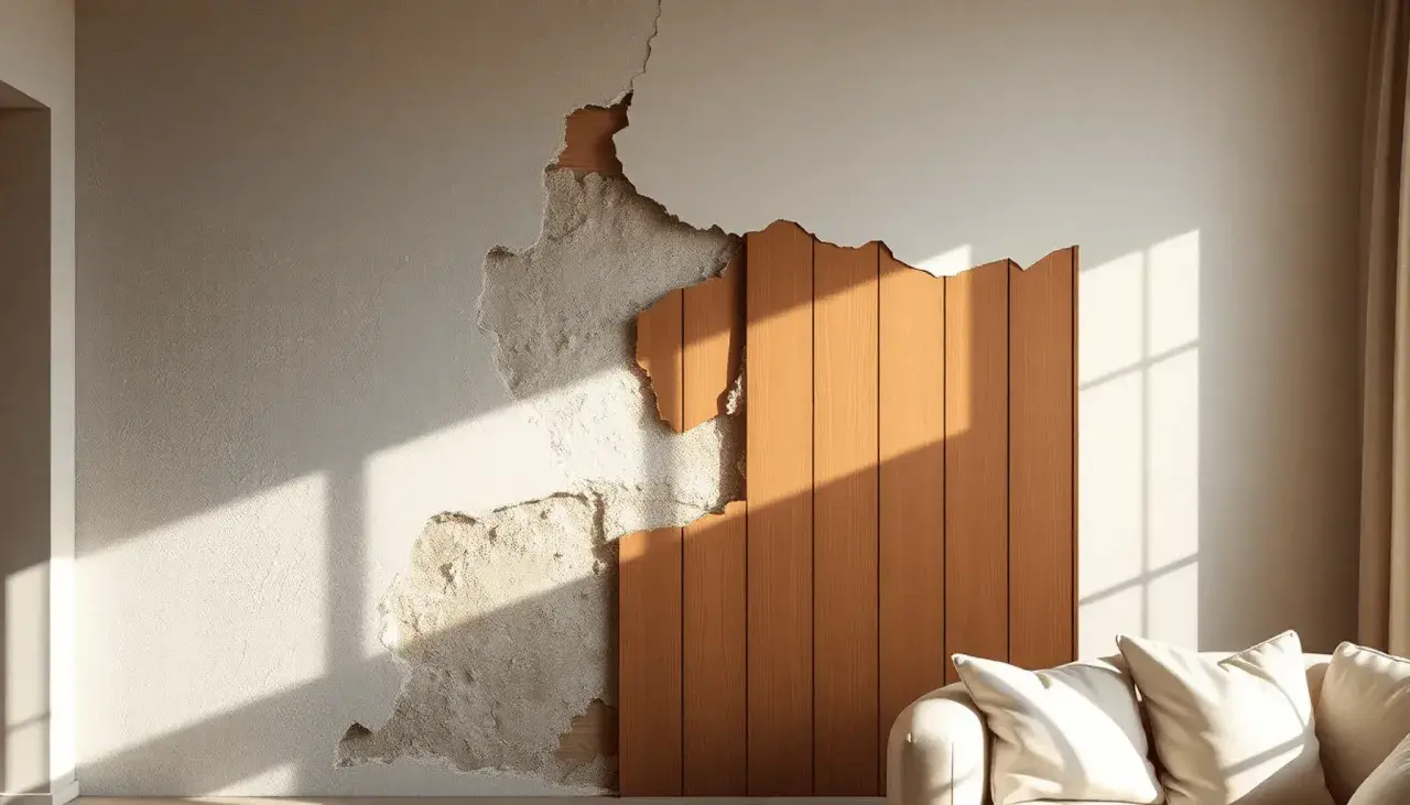 Un mur texturé, partiellement écaillé, révèle un panneau de bois chaleureux. Une idée créative pour comment habiller un mur avec style.