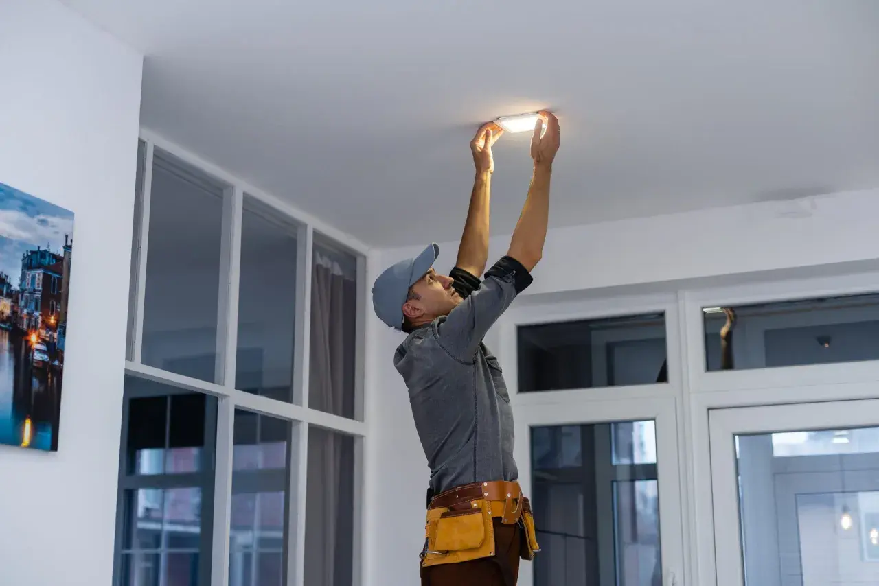 Un technicien installe un nouveau luminaire au plafond, un relamping définitif pour un éclairage moderne.