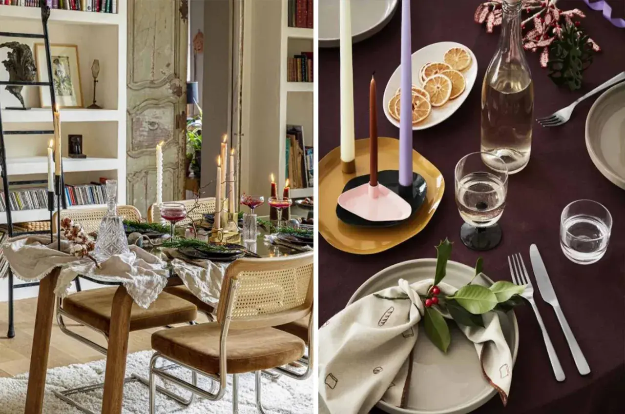 Ambiance chaleureuse pour une deco table nouvel an nature : bougies, verres à vin, et touches végétales créent une atmosphère festive et élégante.